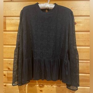 Black Lace Peplum Wrangler Retro Top with Bell Sleeves XL